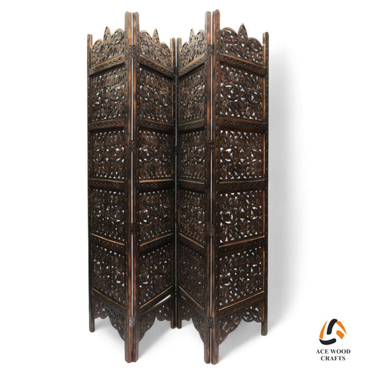 Angled perspective of Saharanpur wooden partition screen showing antique burnt finish.