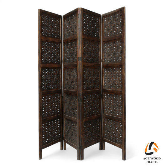 Close up detail of intricate leaf and vine carving on antique burnt mango wood panel.