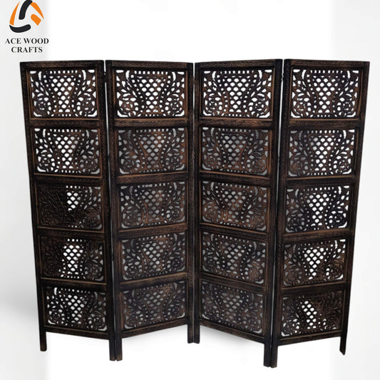 Front view of handcrafted 4-panel mango wood room divider with geometric tile carvings.