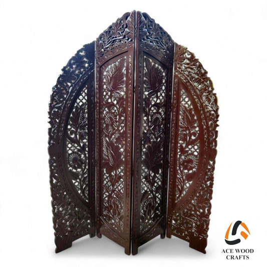 Zigzag standing display of wooden privacy screen featuring geometric chakra pattern.