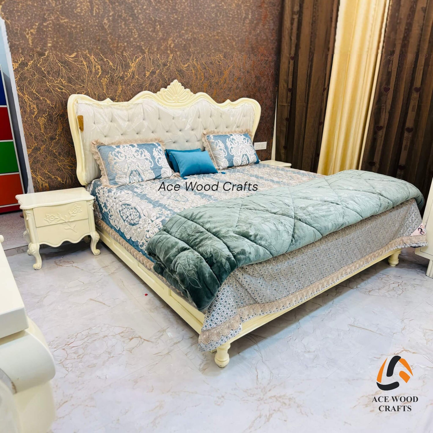 Full bedroom set view of the pearl white and gold carved bed with matching nightstand
