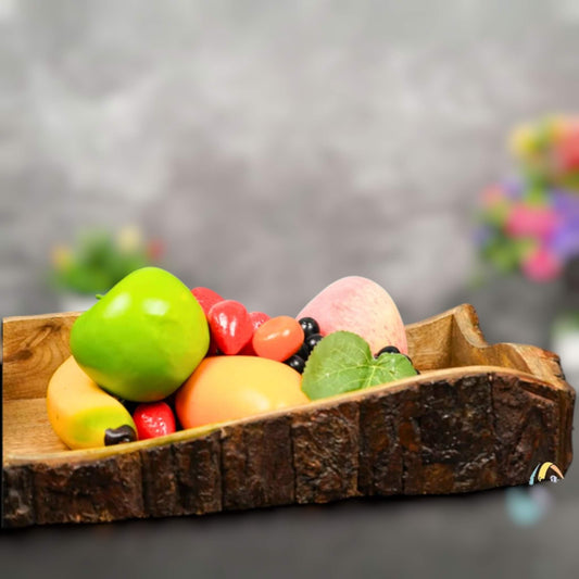 Angled view of rustic wooden serving tray with natural bark edge and carved cutout handles.