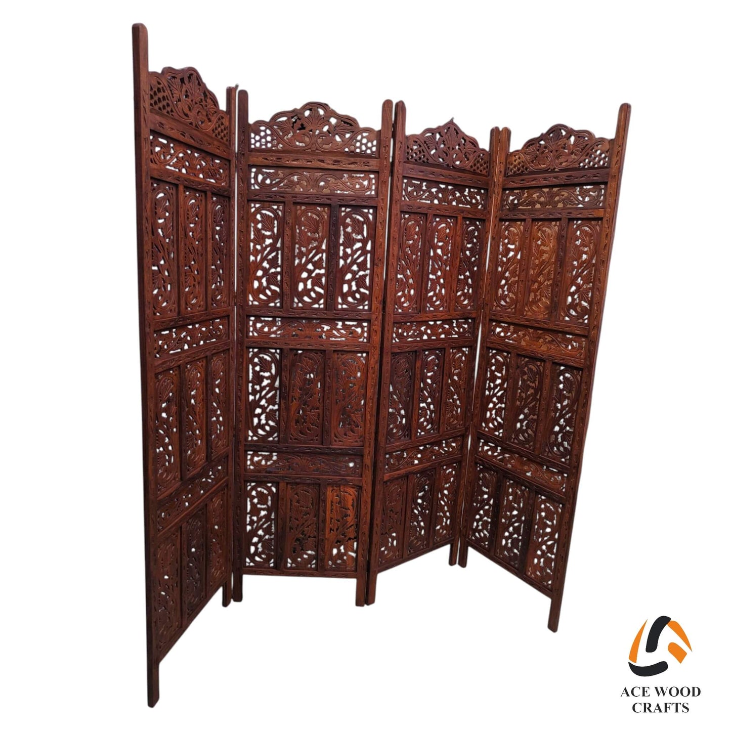 Front view of a 4-panel Sheesham wood room divider featuring intricate leaf and vine Jali carving.