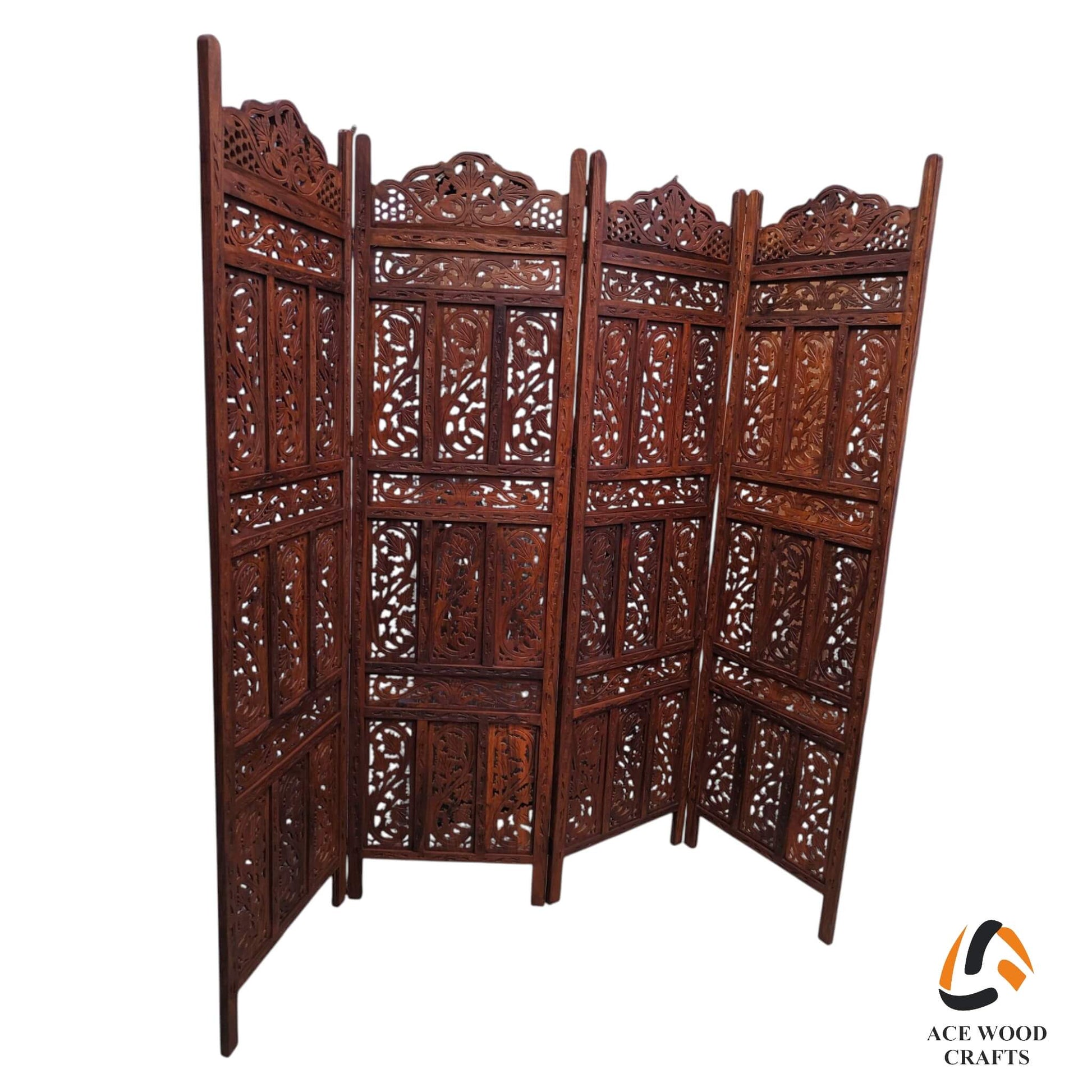 Front view of a 4-panel Sheesham wood room divider featuring intricate leaf and vine Jali carving.