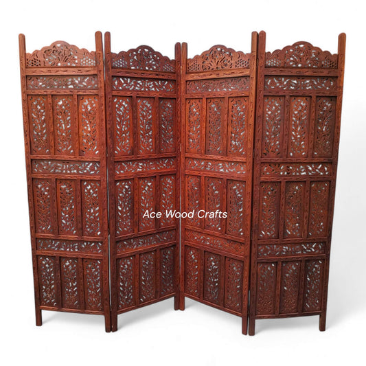 Front view of a 4-panel Sheesham wood room divider with intricate leaf and vine Jali carving.