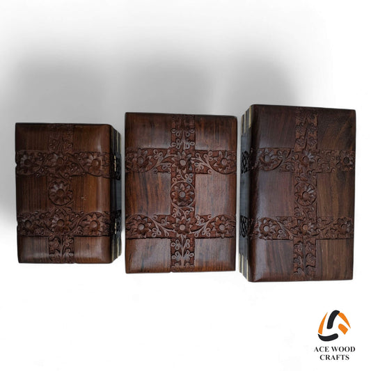 Top view of nesting Sheesham wood jewellery box set featuring intricate "Cross-Vine" floral carving and brass corner inlays.