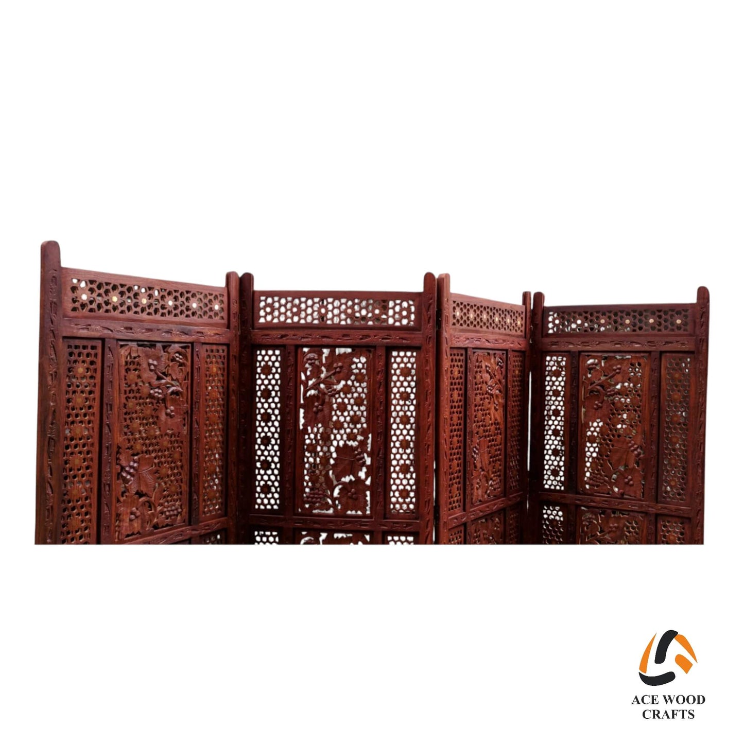 Close-up of Sheesham wood partition header showing brass dot inlay and intricate lattice work.