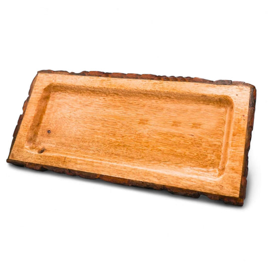 Front view of handcrafted Sheesham wood rectangular serving tray with cutout handles.