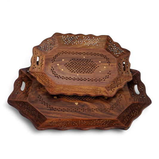 Front view of polished Sheesham wood rectangular serving tray with cutout handles.