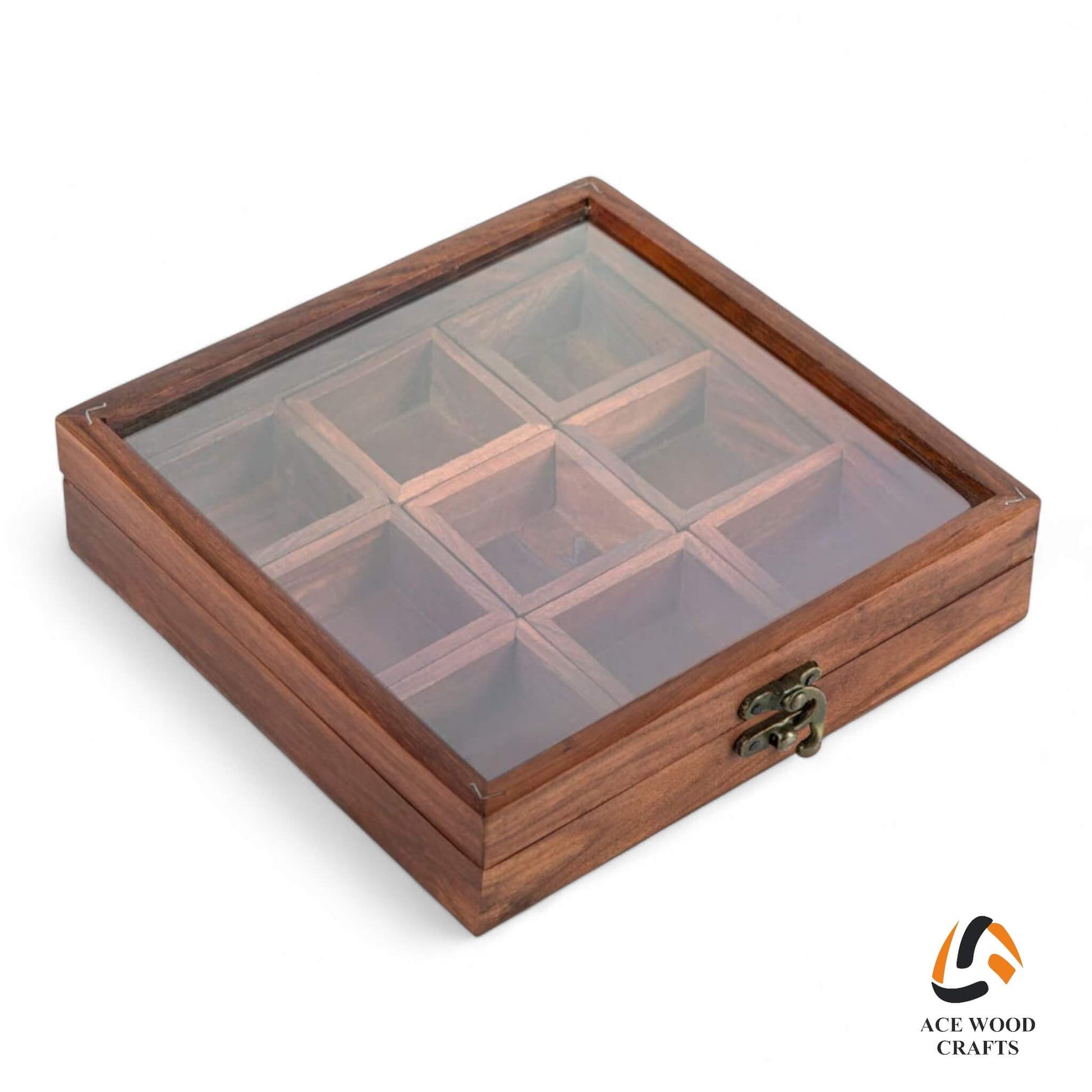 Sheesham wood spice box with 9 containers and glass lid, closed view.