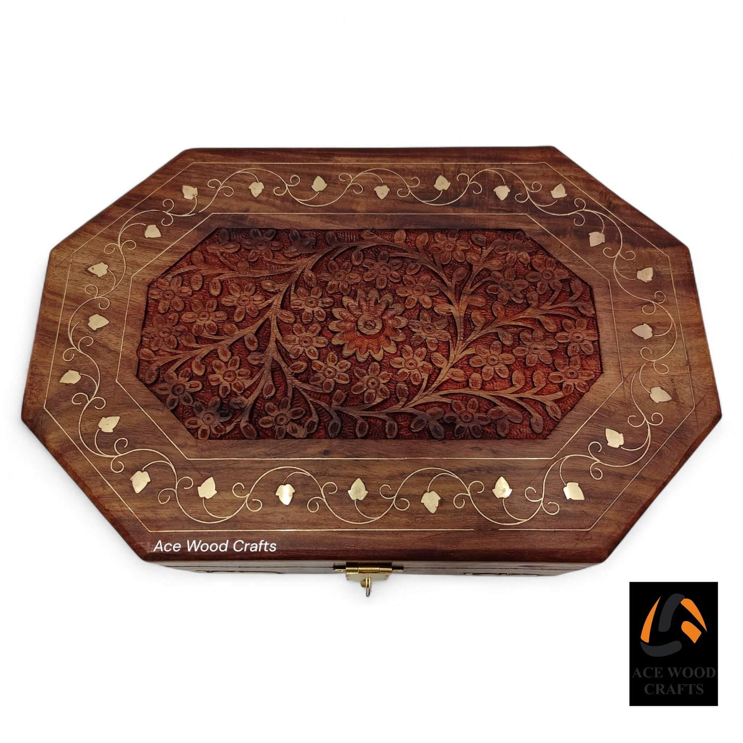 Angled side view showing sturdy brass corner accents and front latch.