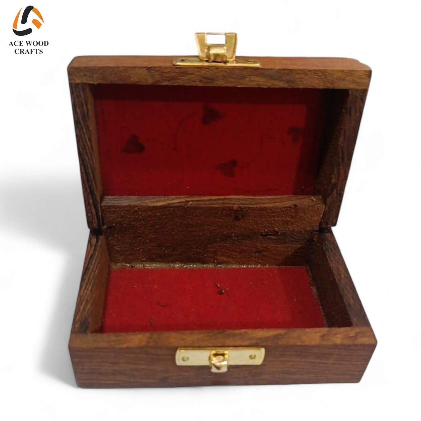 Open view showing the plush red velvet lining inside the wooden keepsake box.