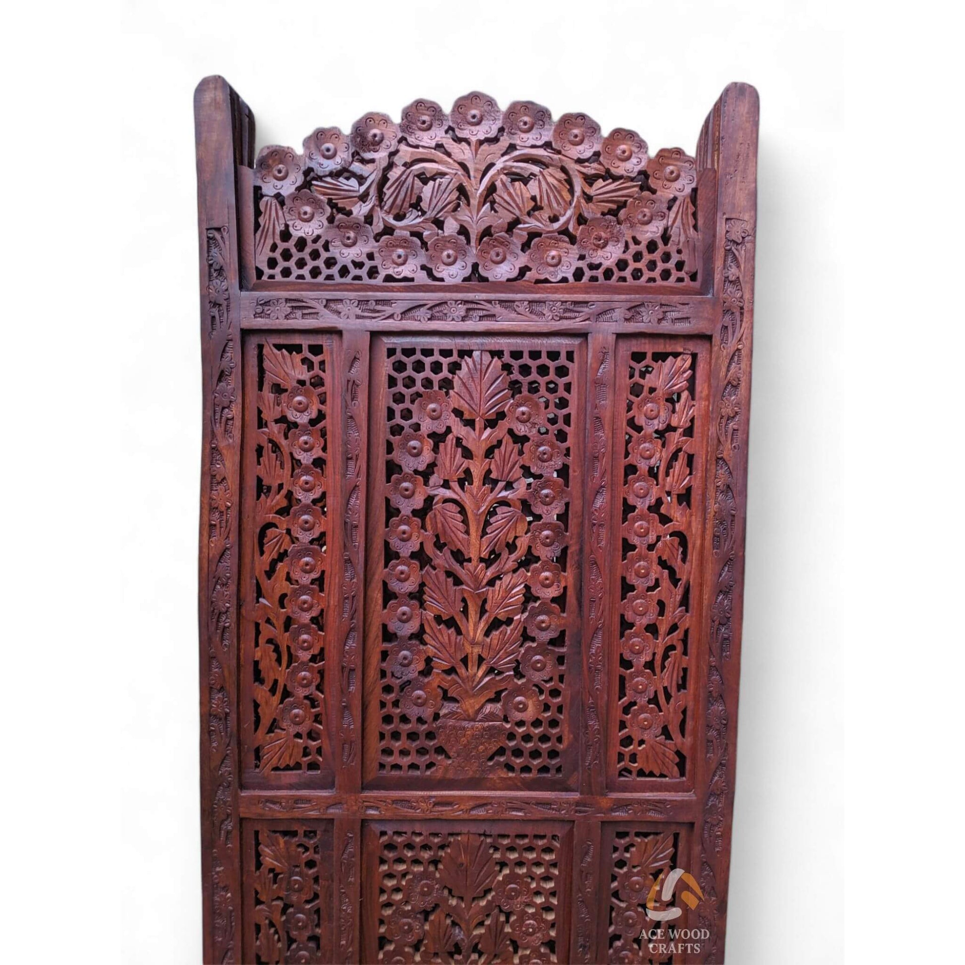 Side profile of solid sheesham wood partition showing durability and hinges