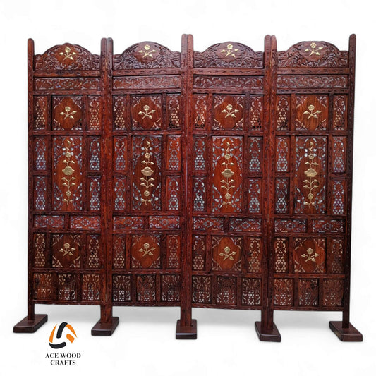 4 panel wooden room divider standing straight with feet supports brass floral design
