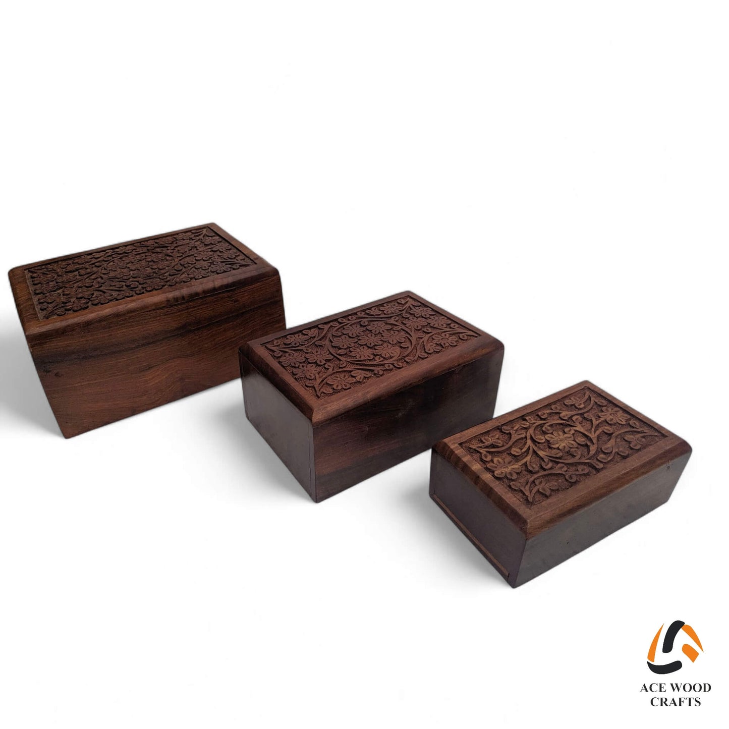 Side view of tapered wooden storage boxes showing rich wood grain and stackable design.