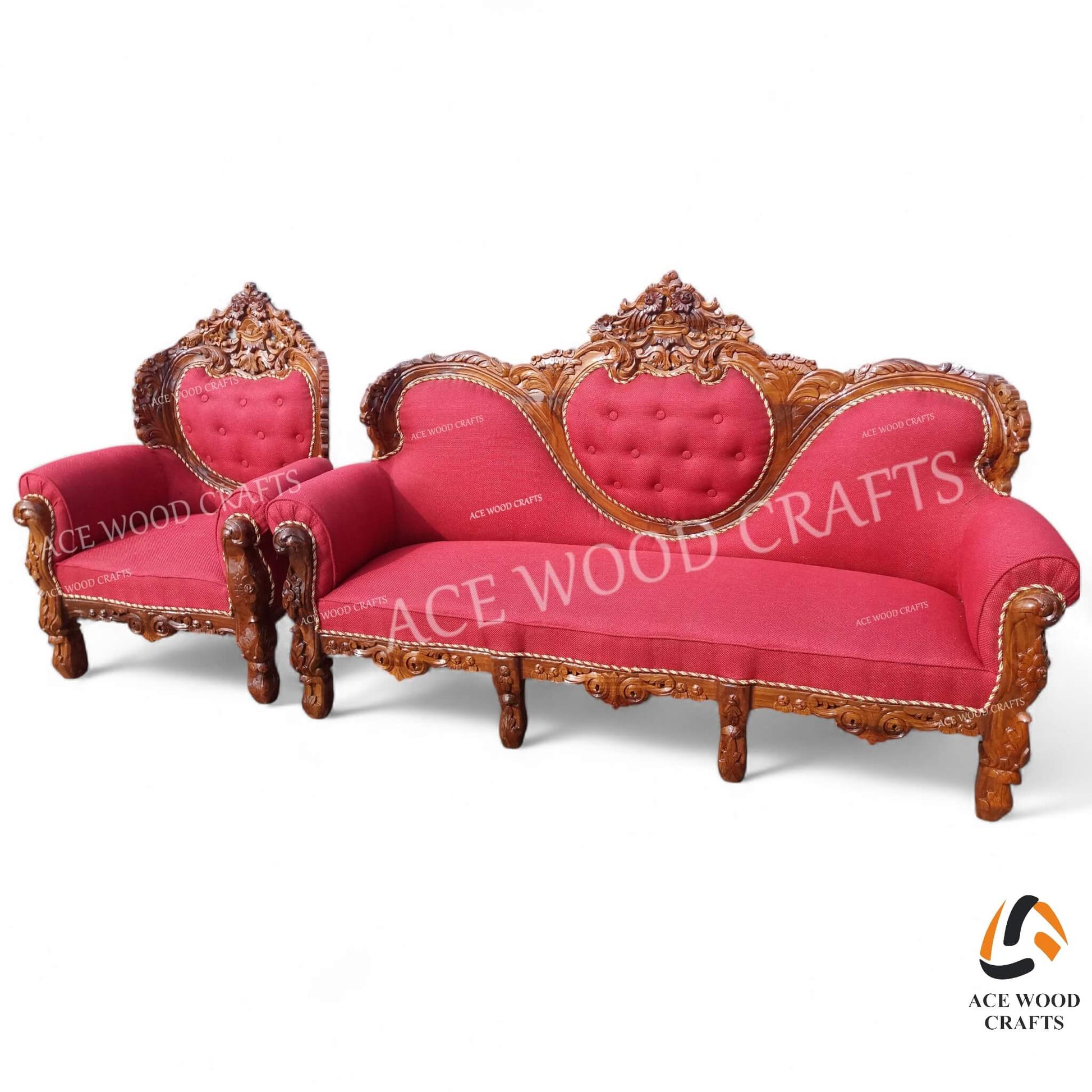Side angle view of the natural finish carved sofa set showing the wood grain and curved leg