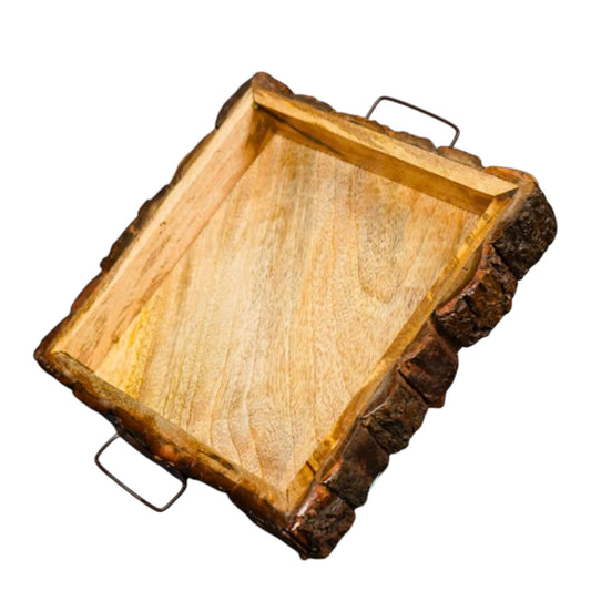 Front view of handcrafted Sheesham wood rectangular serving tray with cutout handles.