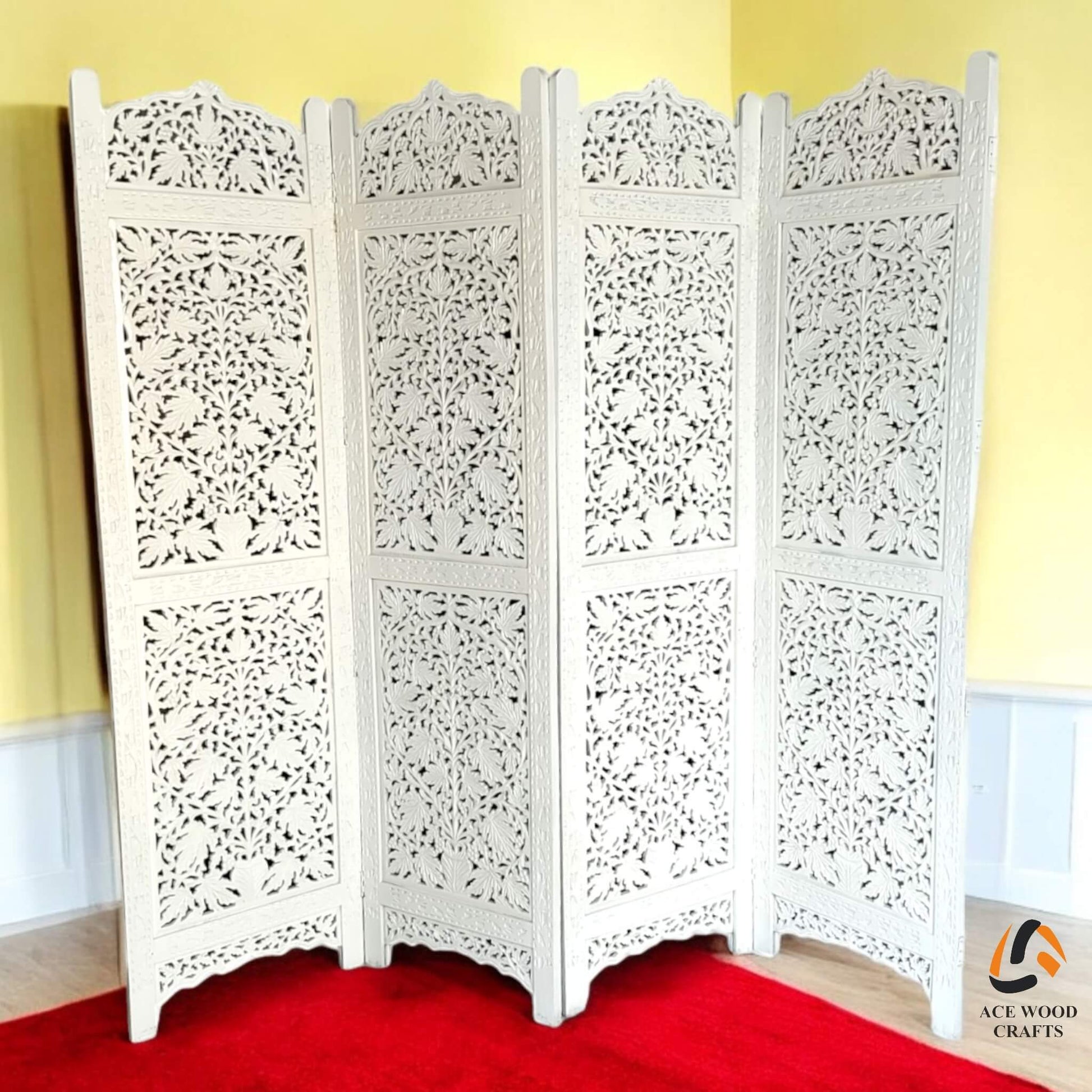 Hand carved white wooden room divider with floral vase design front view