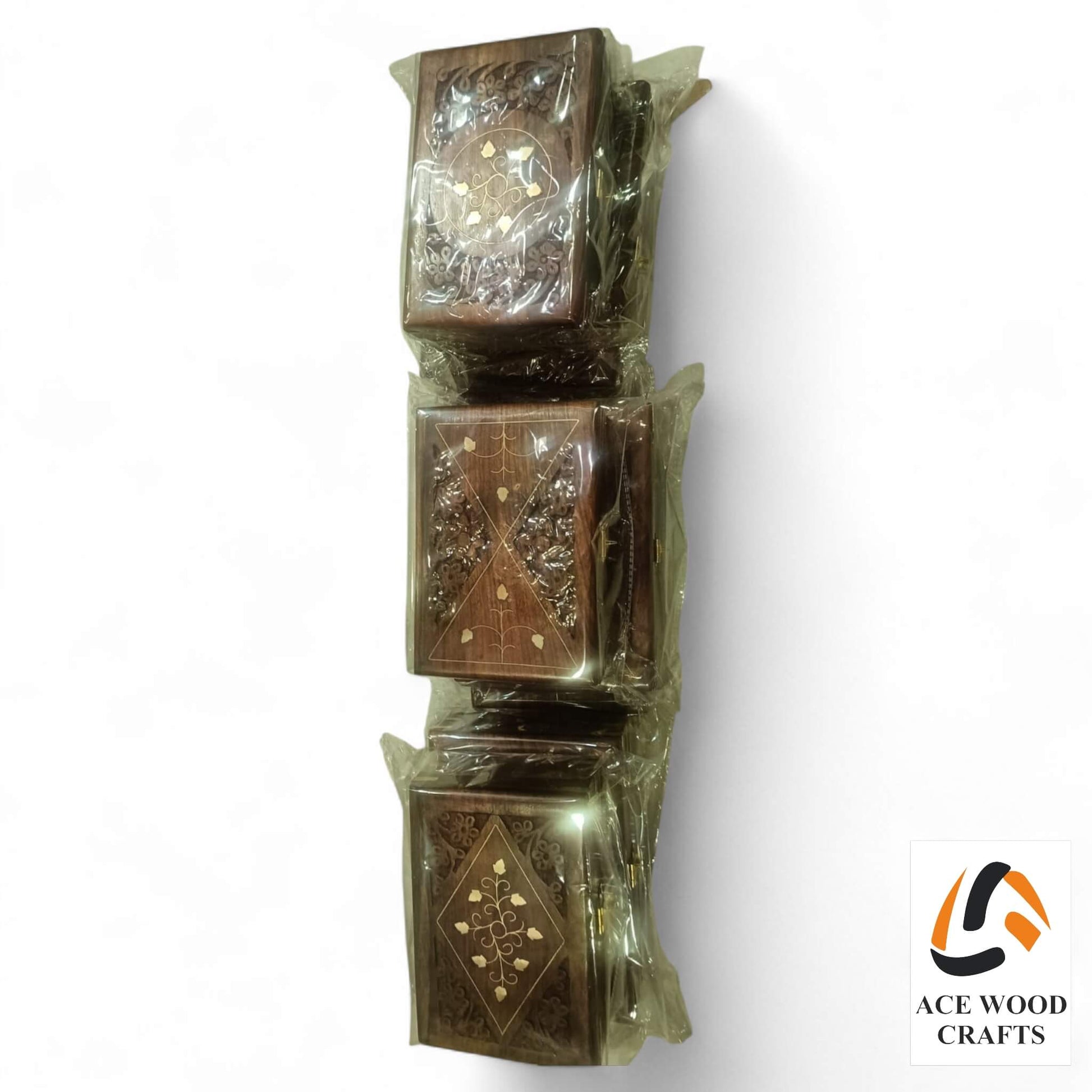 Set of 3 nesting wooden boxes stacked and ready for export, showing high-quality wood grain.