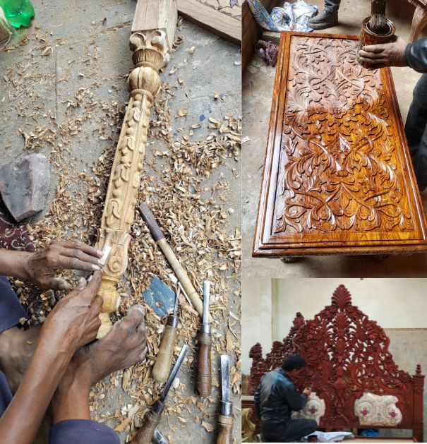 Collage of a person working on a wooden carvings with tools and a completed wooden piece.