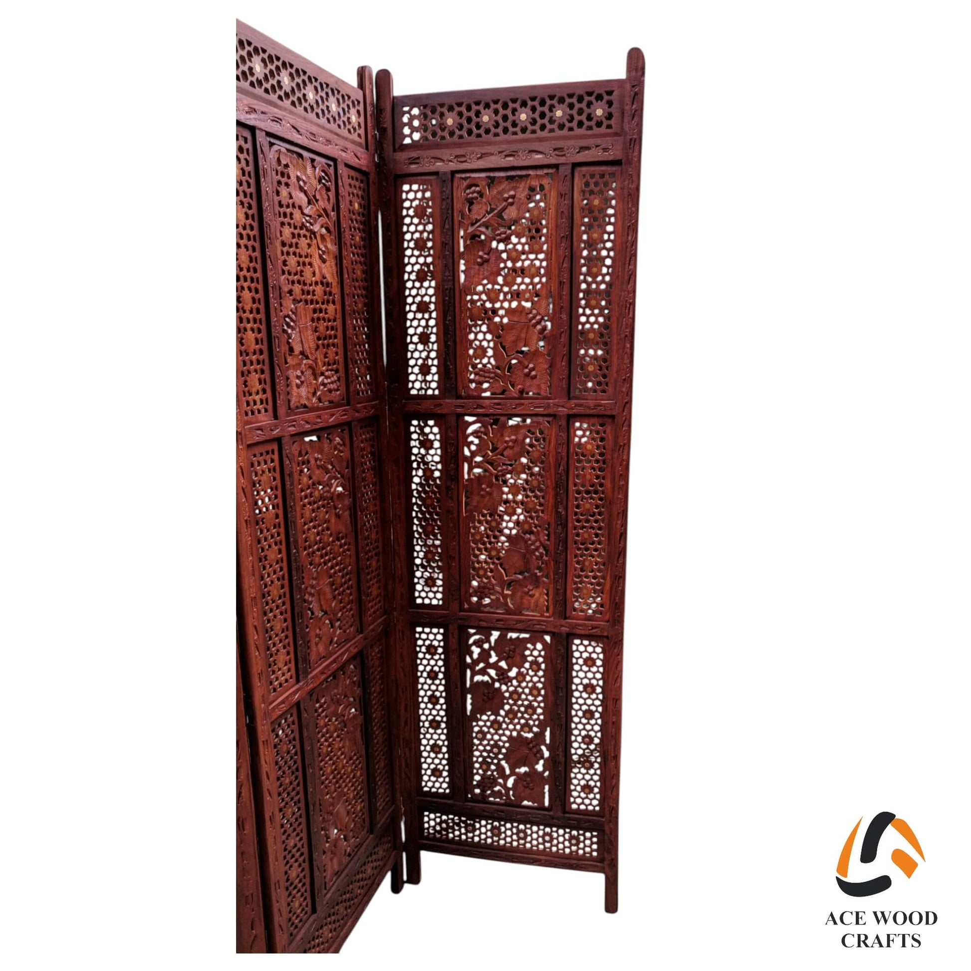 Close-up showing the intricate joinery and floral cutouts of the Sheesham wood panels.