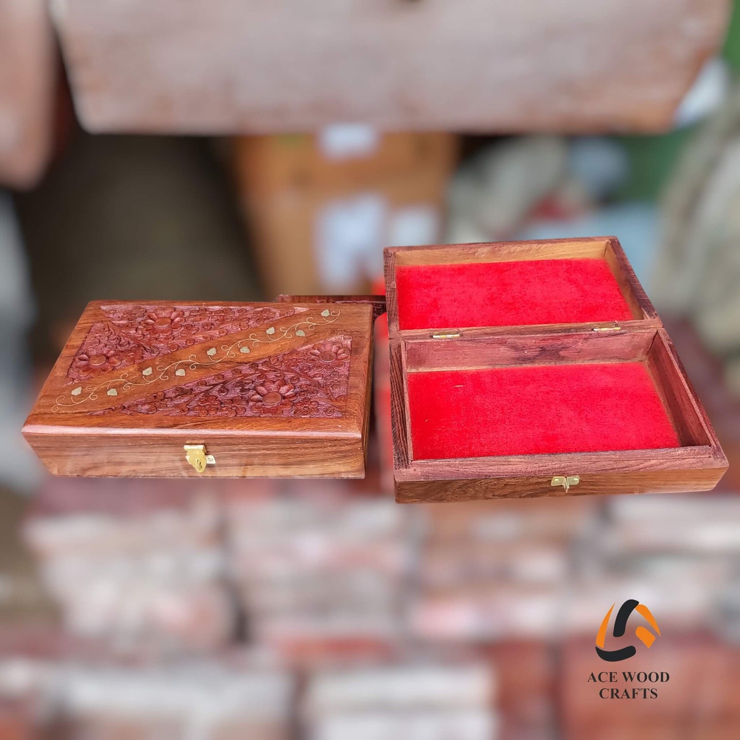 Open wooden jewellery chest showing premium red velvet lining for protection.