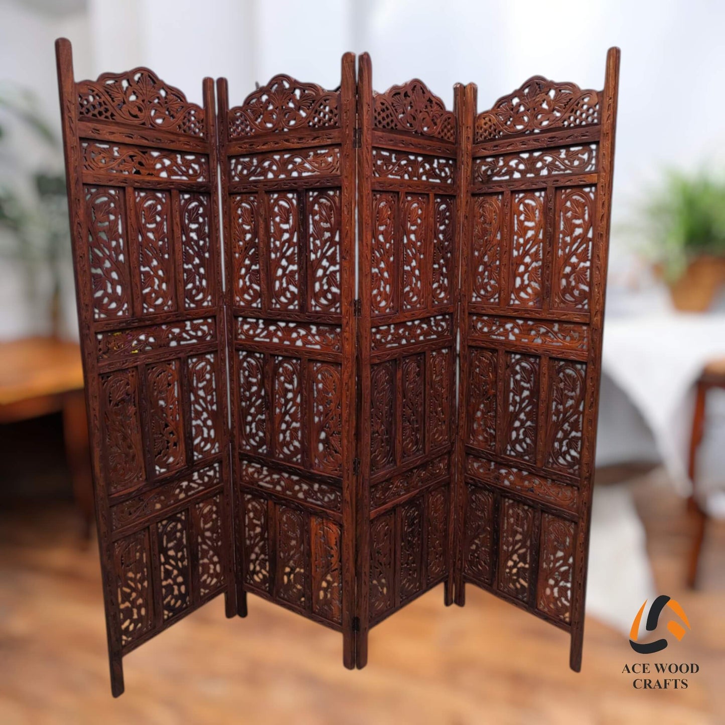 The 4-panel wooden partition placed in a room setting, perfect for creating a home office or puja space.