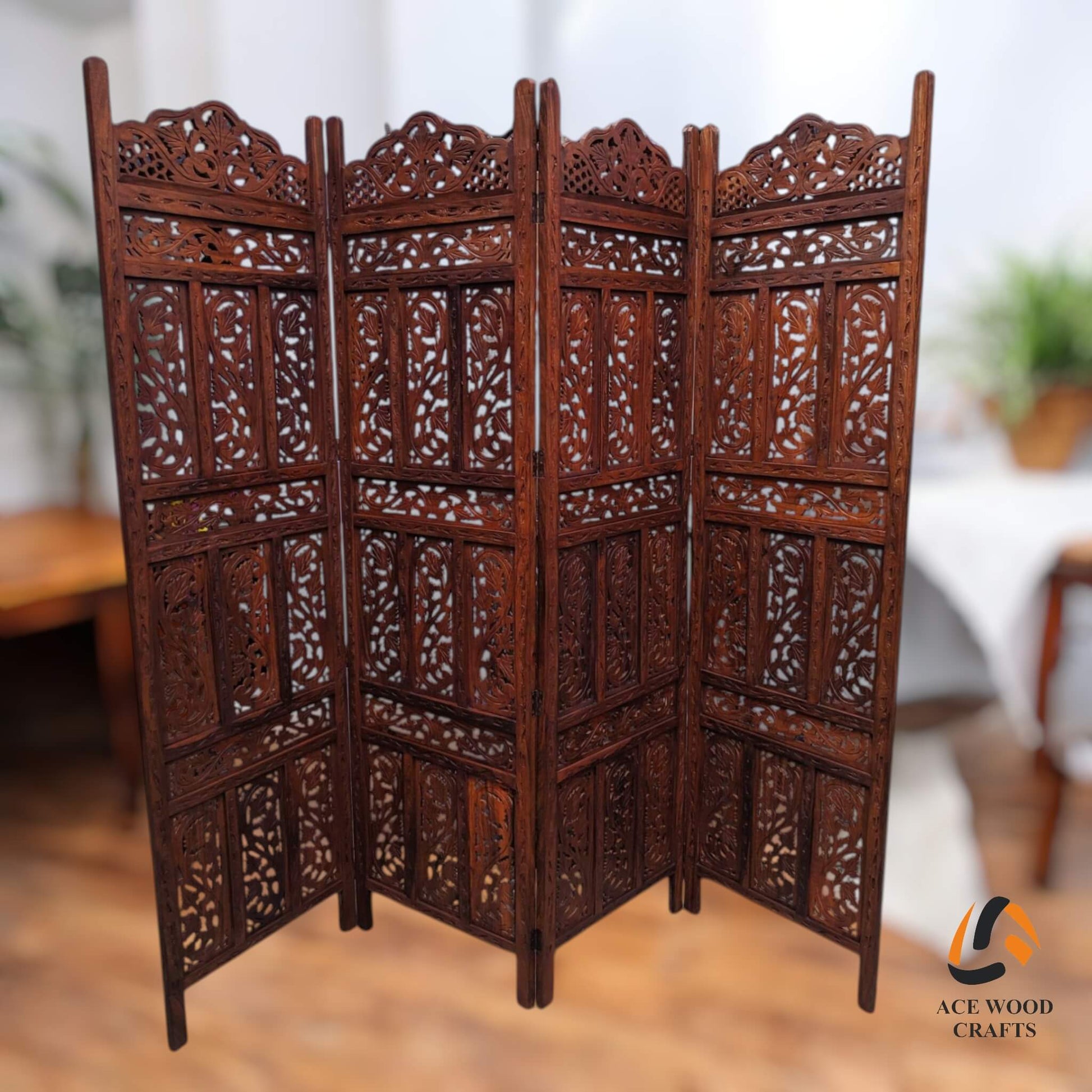 The 4-panel wooden partition placed in a room setting, perfect for creating a home office or puja space.