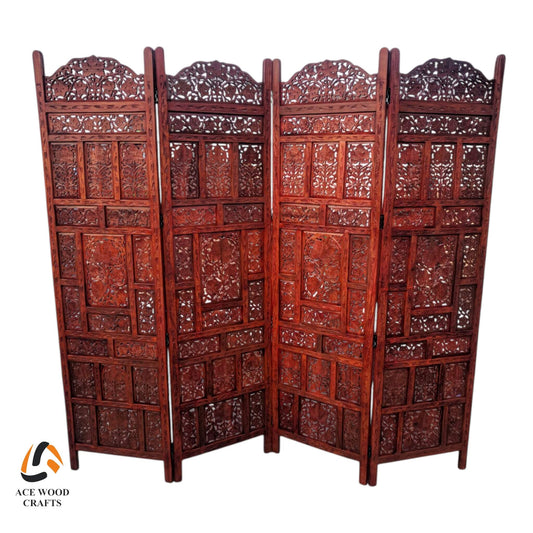 Hand-carved Sheesham wood partition screen room divider 4 panels antique finish made in Saharanpur