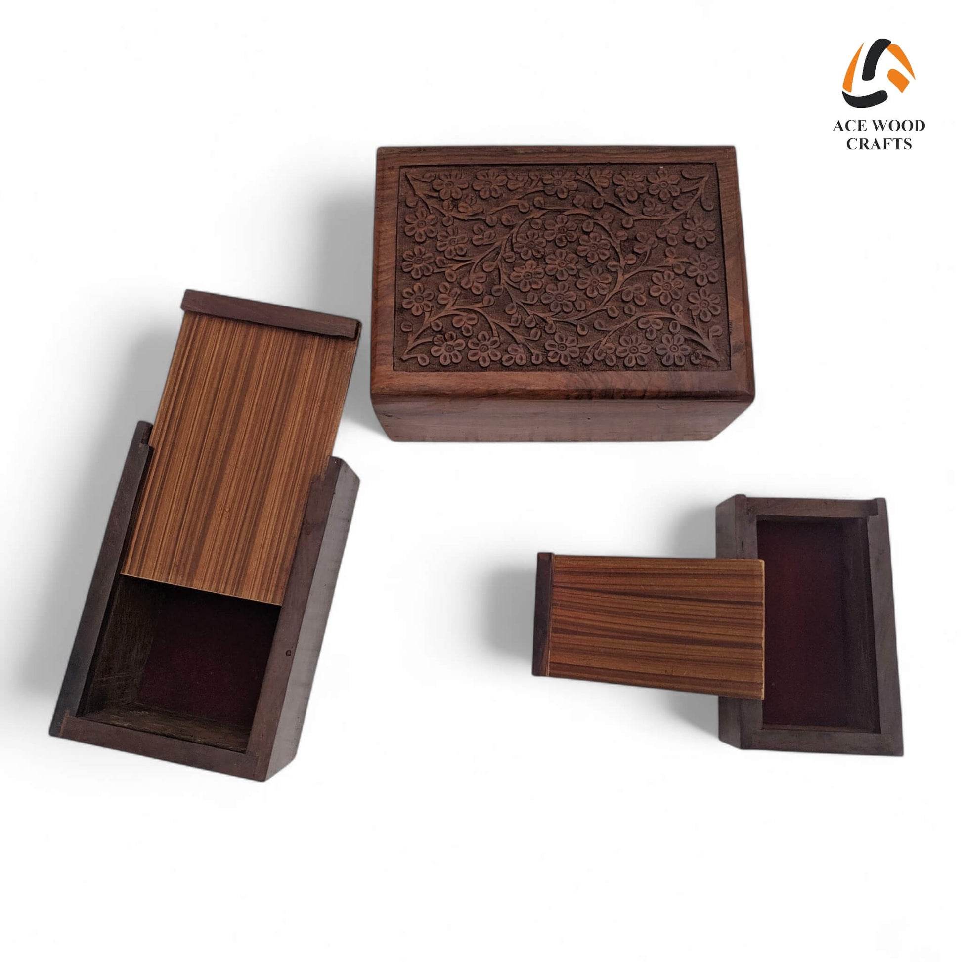 Open wooden box with sliding lid partially removed, revealing protective red velvet lining inside.