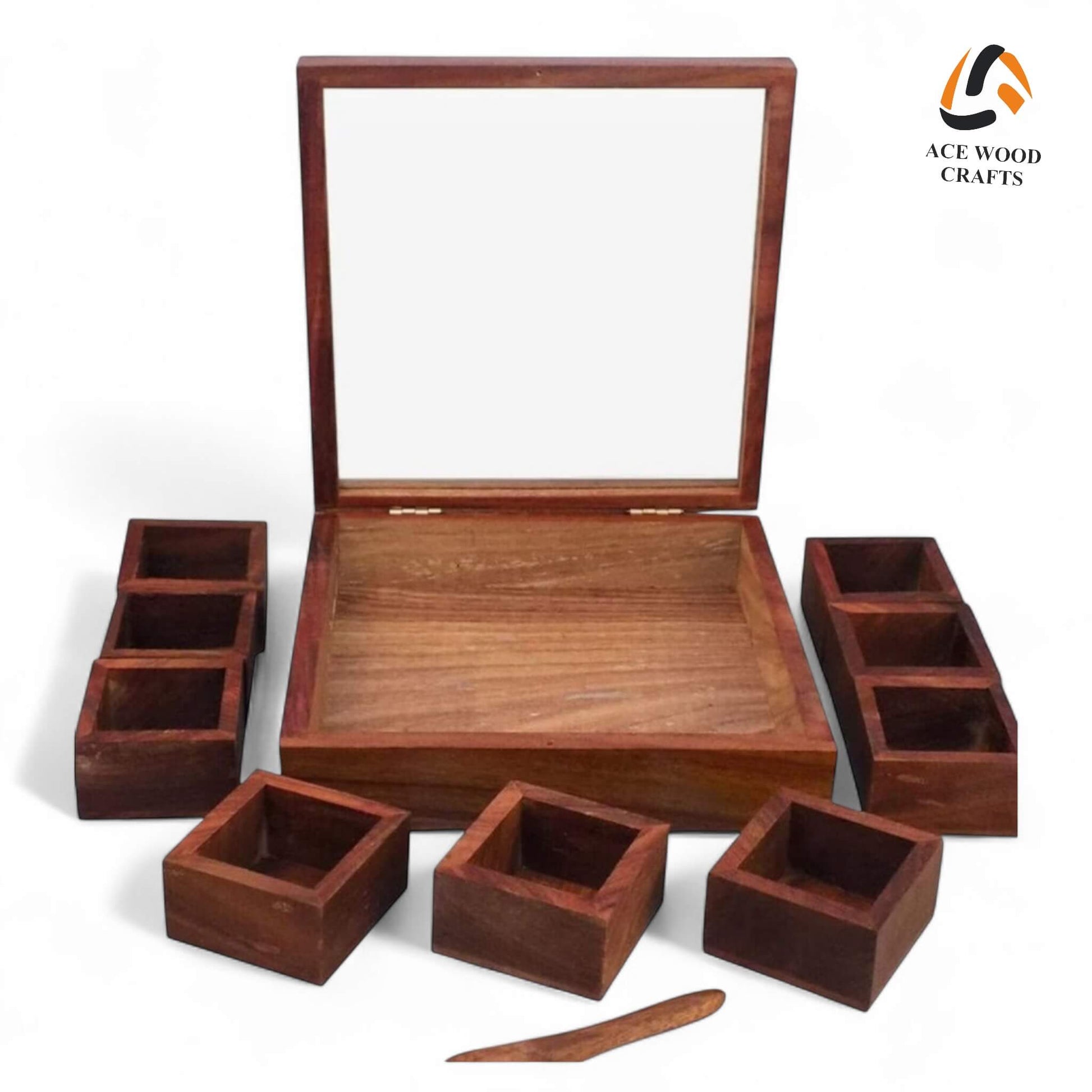 Complete set of Sheesham wood spice box showing removable wooden containers and spoon.