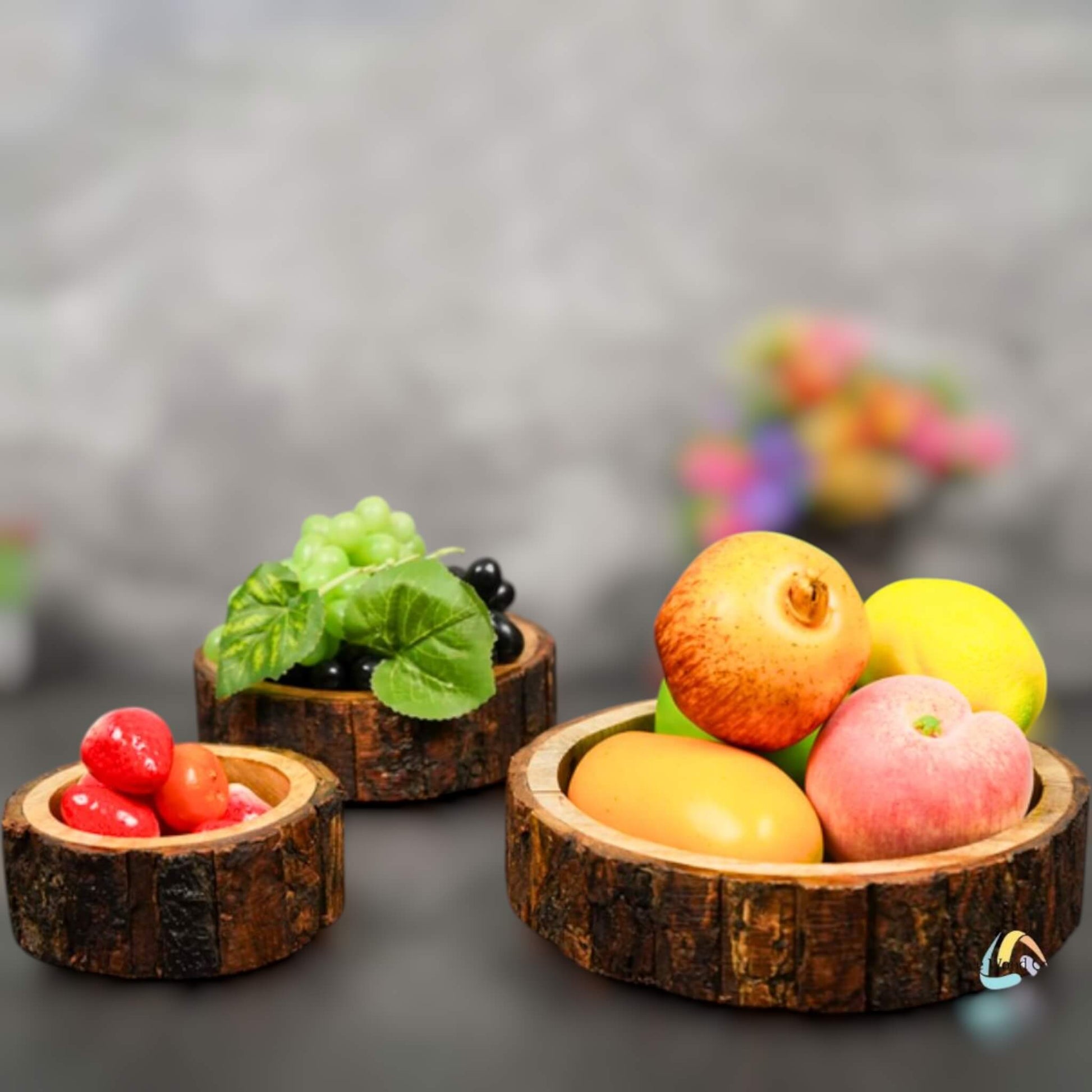 Rustic wooden bowls filled with fresh fruits and dry snacks for dining table.
